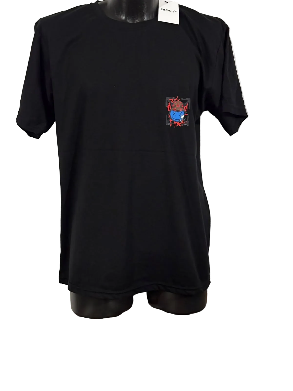 OFF WHITE NEGRA CON LOGO DE CARITA AZUL Y TACHES EN LOS OJOS ESPALDA XL