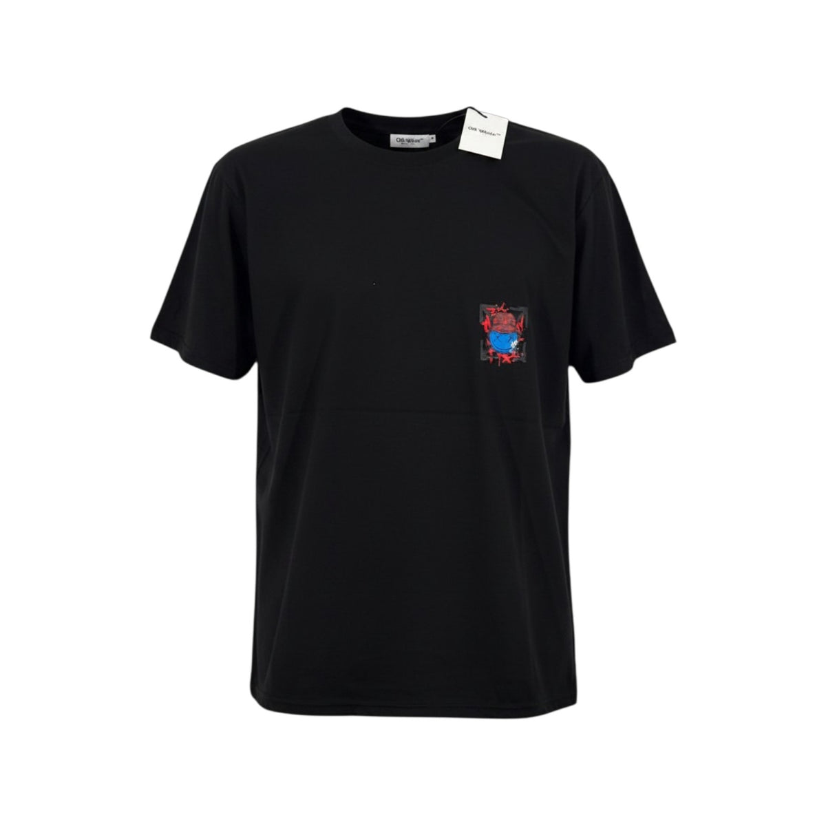 Playera premium Off White negra con logo de carita azul y tachones en los ojos, talla XL, vista trasera.