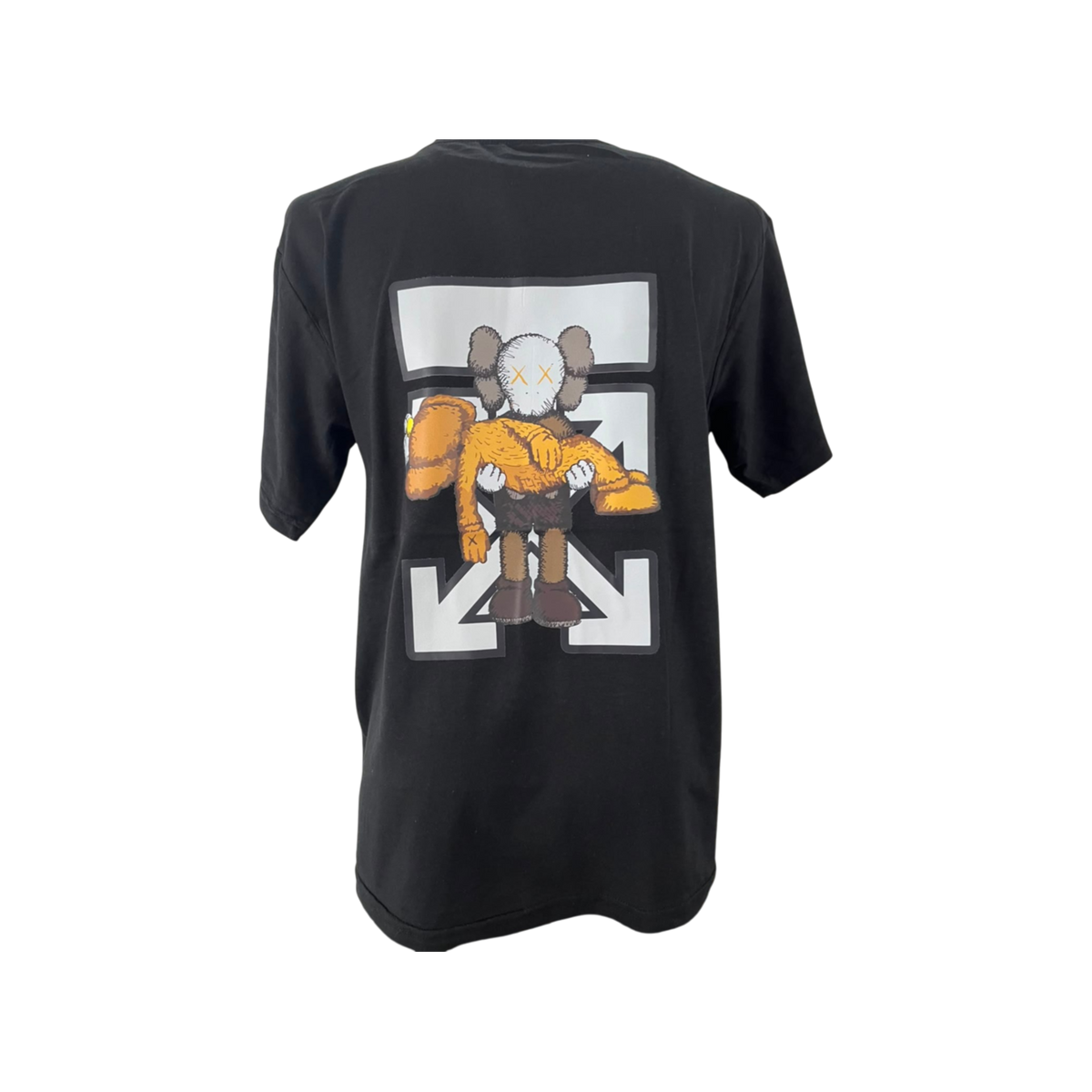 Playera premium negra de OFF WHITE con logo de oso cargando a Elmo en la espalda, talla XL, estilo moderno y de alta calidad.