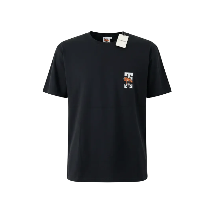 Playera premium negra de Off White con logo de Elmo naranja en tamaño XL, diseñada por Selah Boutique, vista frontal.