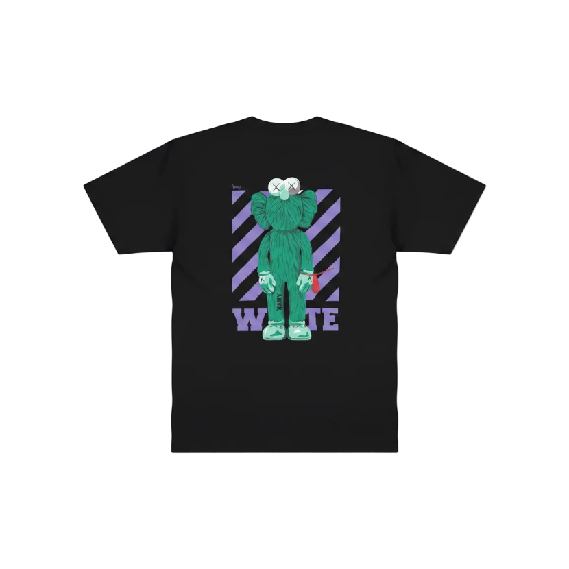 Playera premium OFF WHITE negra con logo Elmo verde en la espalda, talla XL, diseñada por Selah Boutique.