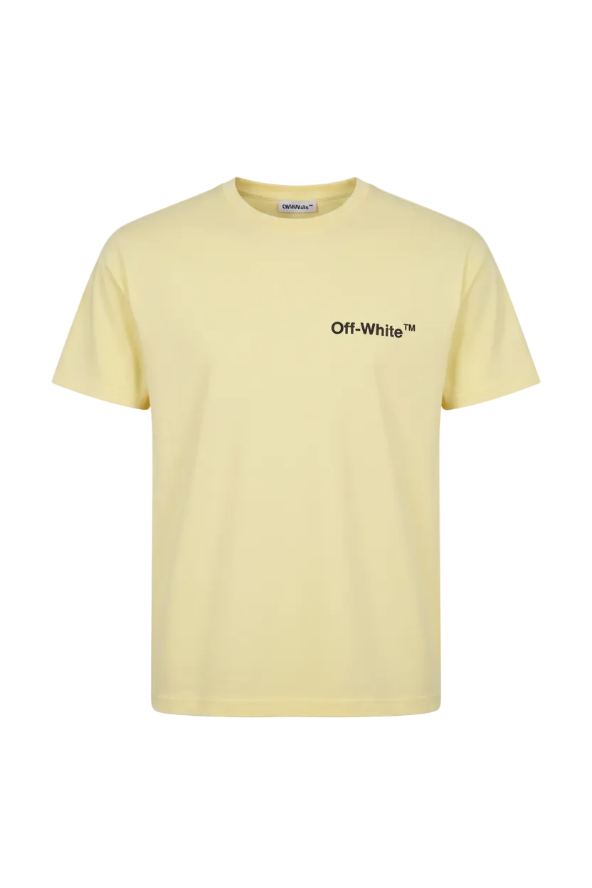 Playera premium amarilla Off White de la marca Selah Boutique, vista frontal en color amarillo y diseño elegante.