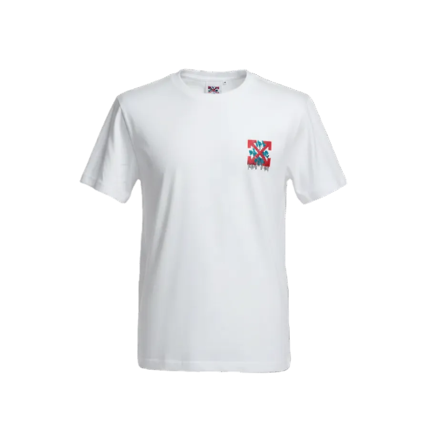 Playera premium blanca con logo trasero rojo de Off White, estilo moderno y casual, de la marca Selah Boutique.