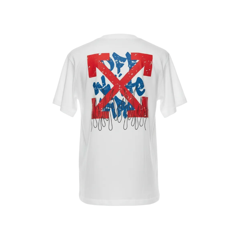 Playera blanca premium Off White con logo trasero rojo, estilo moderno y cómodo, de la marca Selah Boutique.