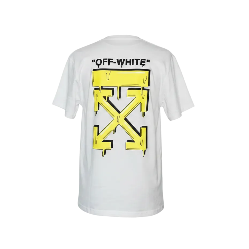 Playera premium Off White con logo amarillo y letra G, diseñada por Selah Boutique, en color negro con detalles en la parte trasera.
