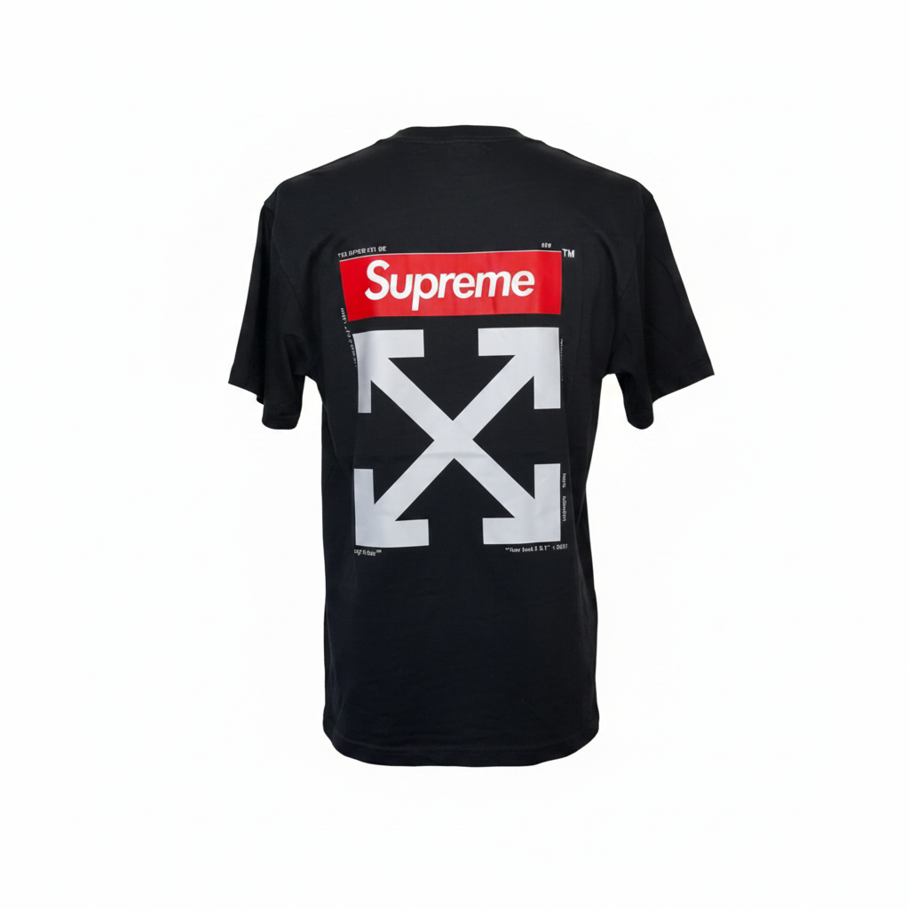 Playera premium Off White Supreme fondo rojo de color en la parte trasera, diseñada por Selah Boutique.