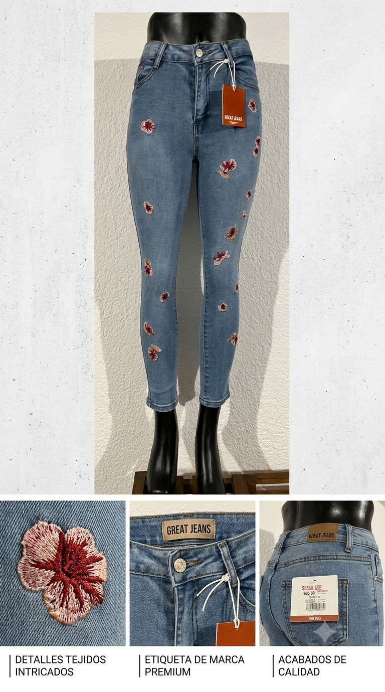PANTALON ENTUBADO AZUL MARINO C/FLORES TEJIDO COLORES