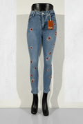 PANTALON ENTUBADO AZUL MARINO C/FLORES TEJIDO COLORES