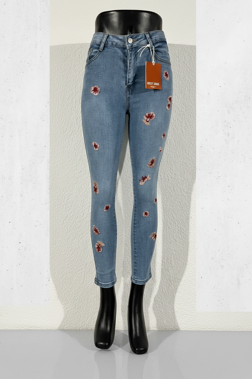 PANTALON ENTUBADO AZUL MARINO C/FLORES TEJIDO COLORES