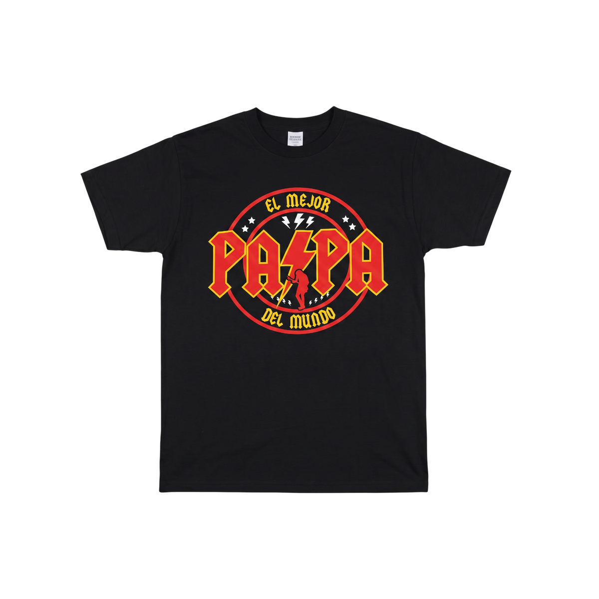Playera esencial negra "El mejor papá del mundo" de la marca My Store 2, con diseño de rock and roll, vista frontal.
