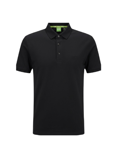 Playera negra Hugo Boss con cuello y línea verde fosforescente, de la colección Playeras G5 de Selah Boutique.