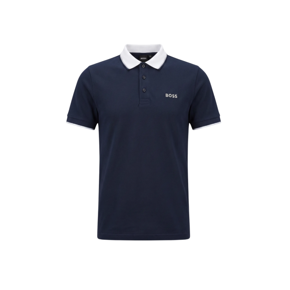 PLAYERA HUGO BOSS TIPO POLO AZUL MARINO CON CUELLO BLANCO Y GRIS