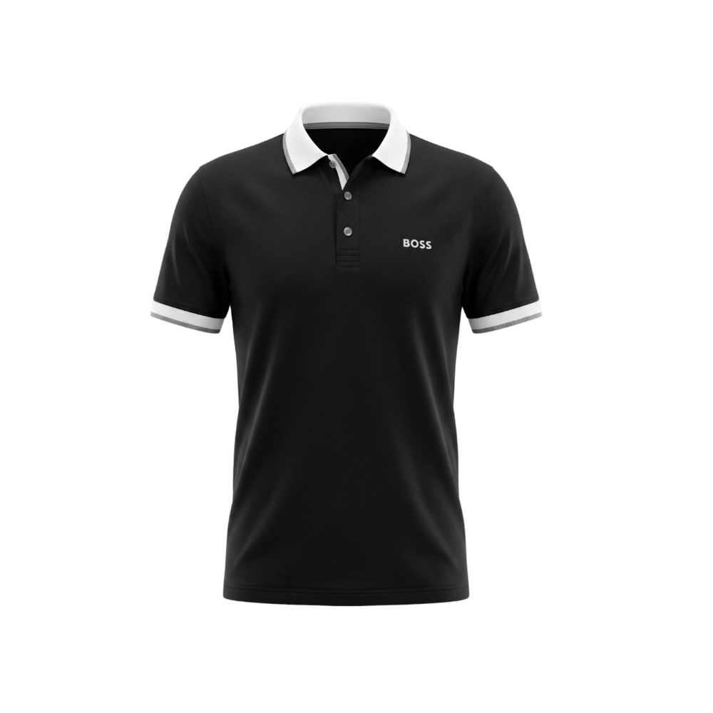 PLAYERA HUGO BOSS TIPO POLO NEGRA CON CUELLO BLANCO Y GRIS