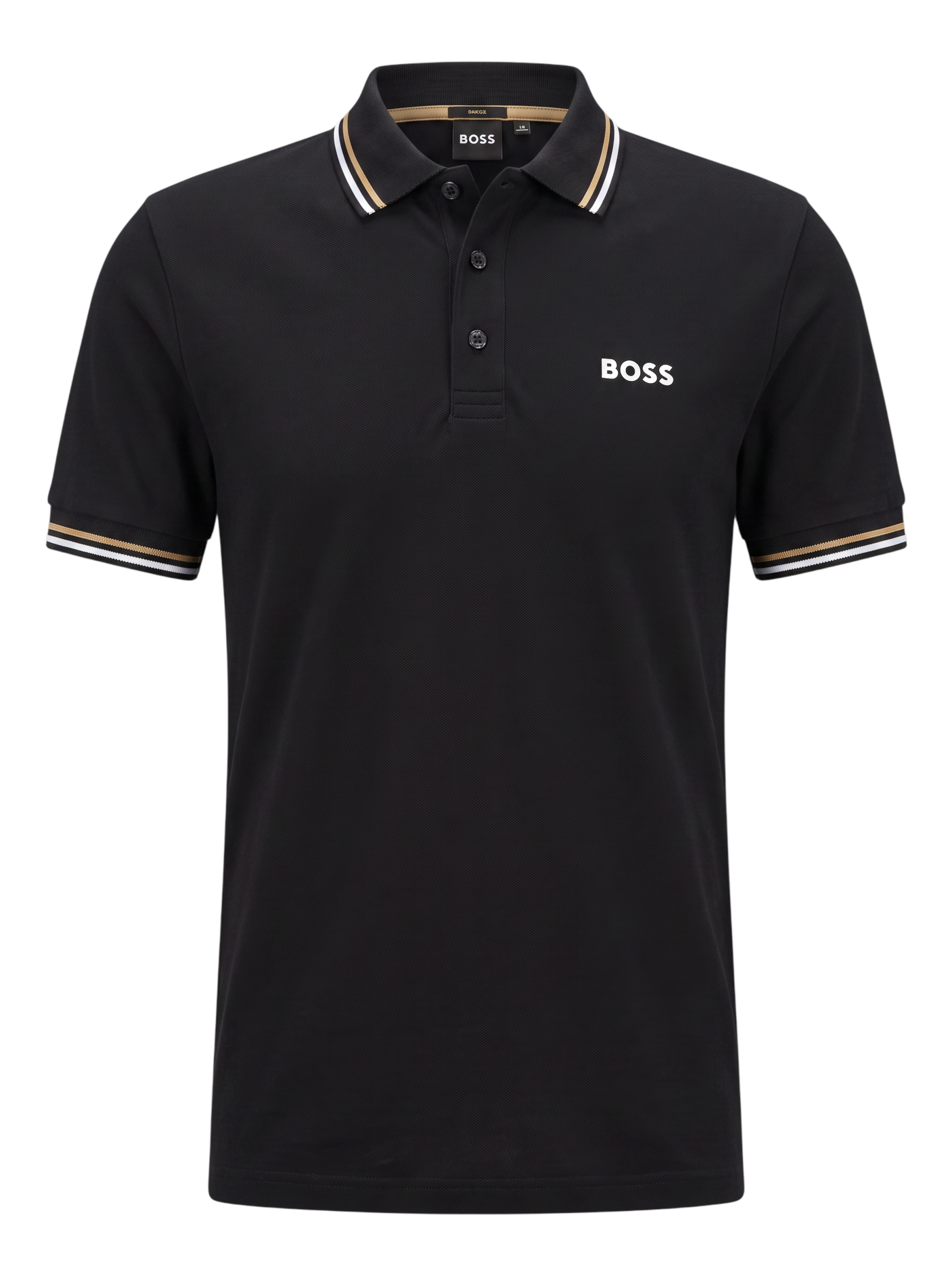 PLAYERA HUGO BOSS TIPO POLO NEGRA CON CUELLO CAFÉ Y BLANCO