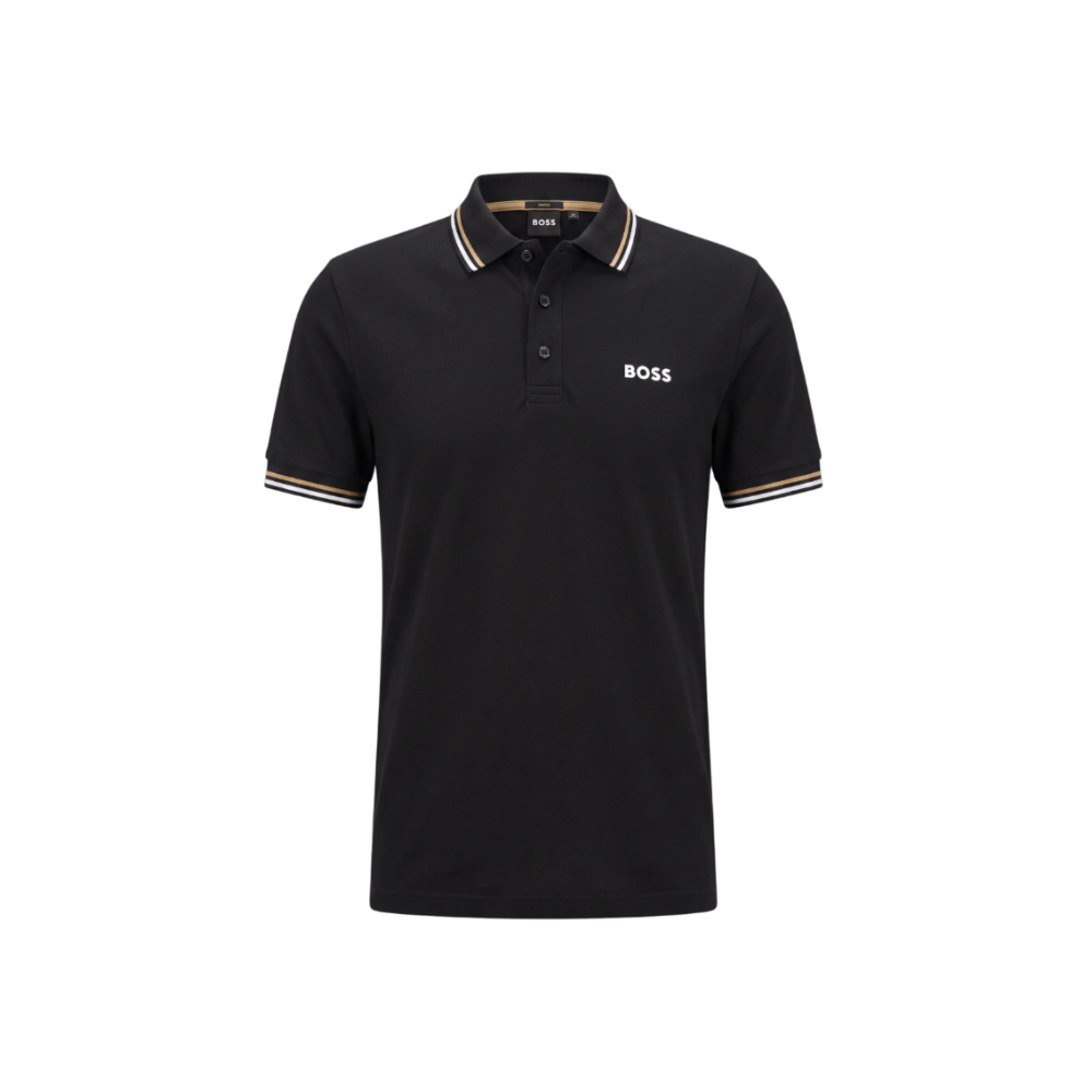 PLAYERA HUGO BOSS TIPO POLO NEGRA CON CUELLO CAFÉ Y BLANCO
