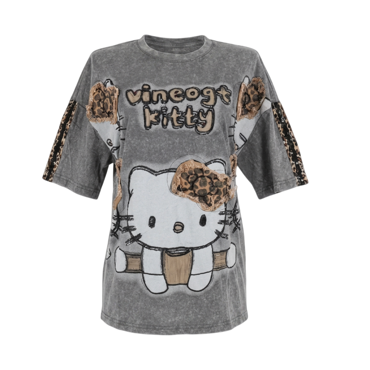 Blusa gris con mangas de leopardo y diseño de Hello Kity, ropa de la colección de conjuntos y playeras cartoon de My Store 2.