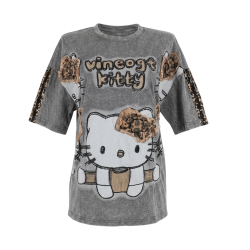Blusa gris con mangas de leopardo y diseño de Hello Kity, ropa de la colección de conjuntos y playeras cartoon de My Store 2.