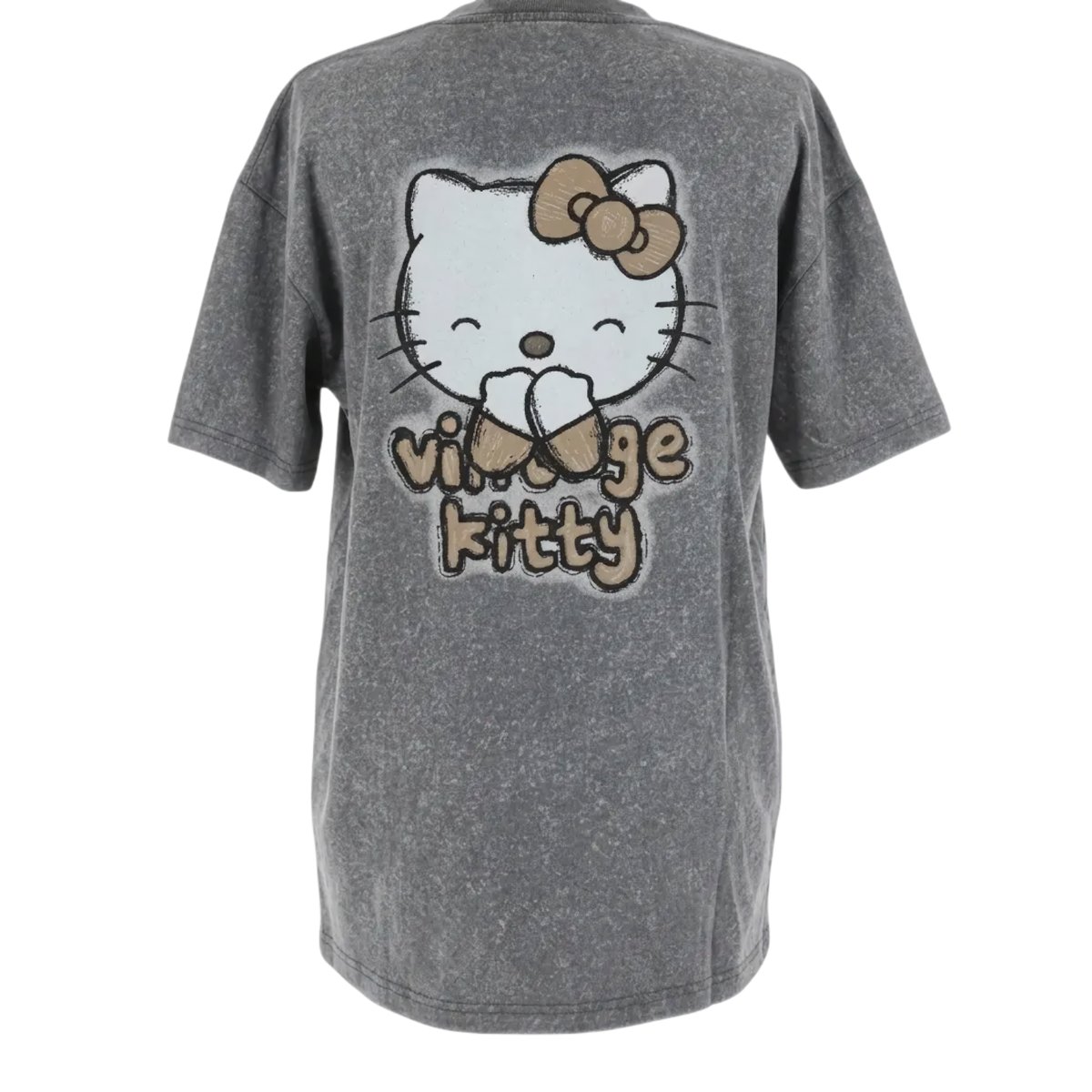 Blusa gris de Hello Kity con mangas leopardo, conjunto de playera cartoon de la marca My Store 2, vista trasera.
