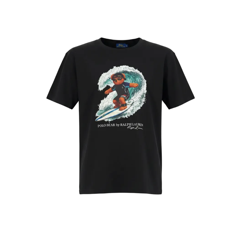 Playera polo Ralph Lauren negra con oso surfeando, talla XL, estilo premium, diseño llamativo y moderno en color negro.