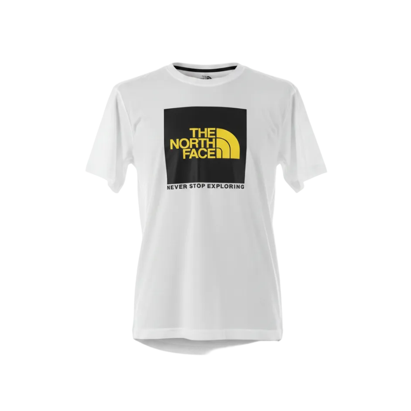 Playera premium The North Face Blanca con logo amarillo en talla XL, vista frontal, en color blanco.