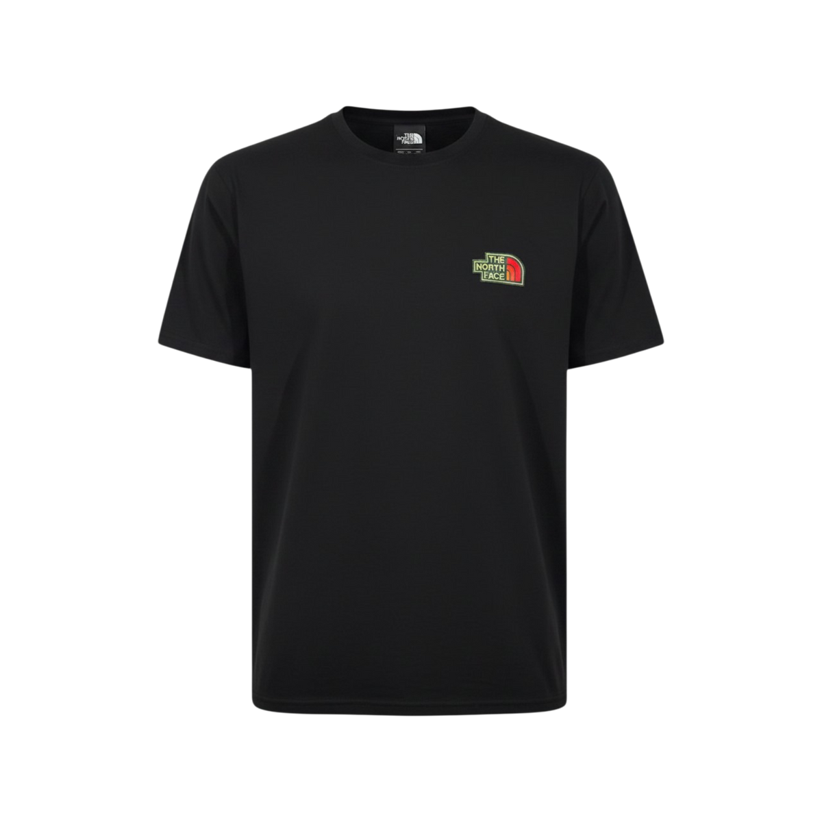 Playera premium The North Face negra con logo en amarillo y rojo, talla XL, de la marca Selah Boutique.