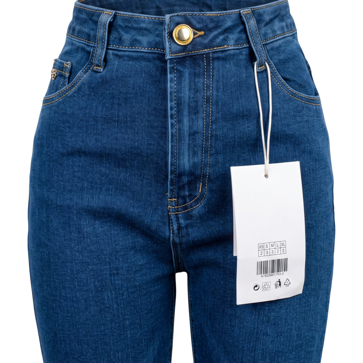 Pantalón entubado Mom Jeans con moño, pantalones de mezclilla para mujer de la marca My Store 2, vista del torso y detalle del moño.
