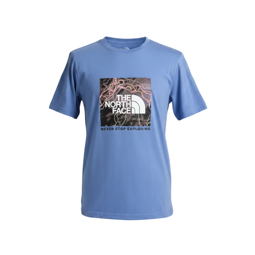 Playera premium azul The North Face para hombre, estilo casual, con logo visible en la parte frontal.