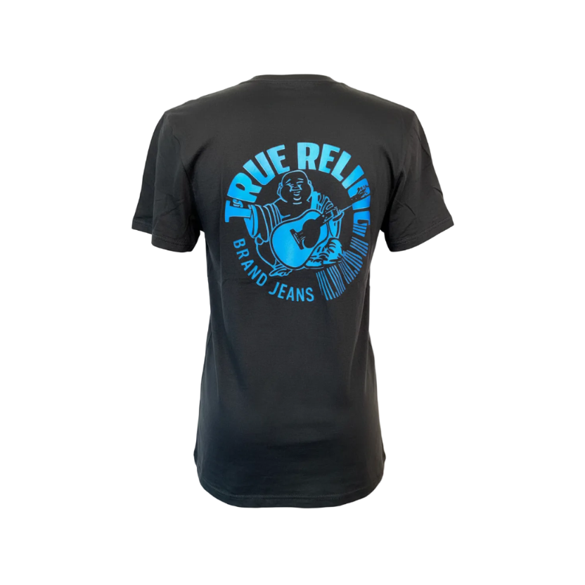 Playera premium TRUE RELIGION negra con logo azul, camiseta de manga larga para mujer, de la marca Selah Boutique.
