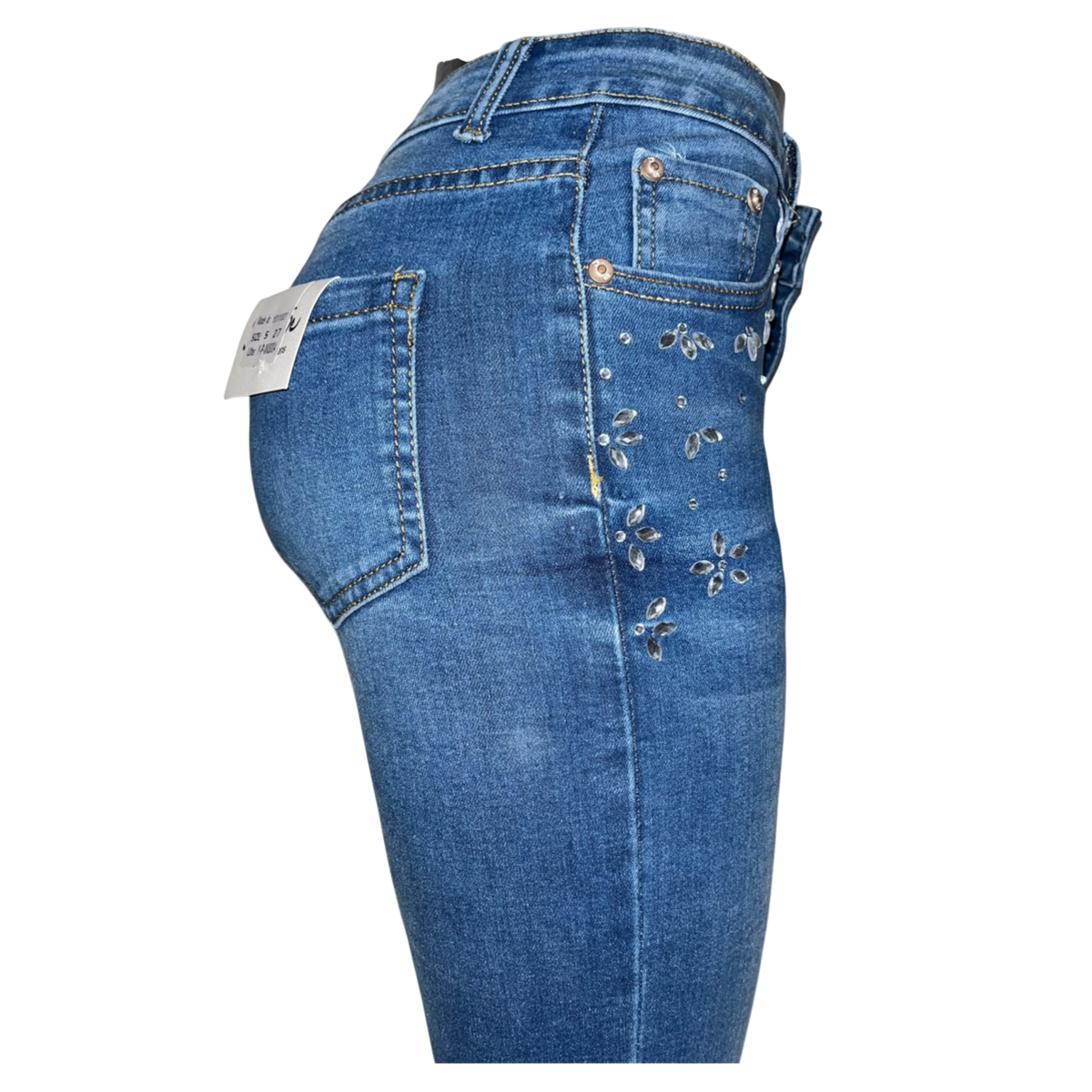 Pantalón entubado de mezclilla azul para mujer con cristales en forma de flor, estilo moderno y ajustado de la marca My Store 2