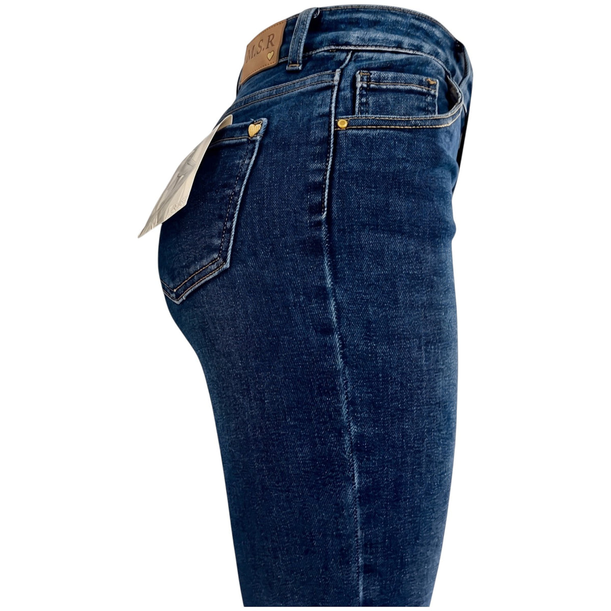 Pantalón acampanado de mezclilla para mujer con corte lateral, estilo moderno y ajustado en la parte superior.