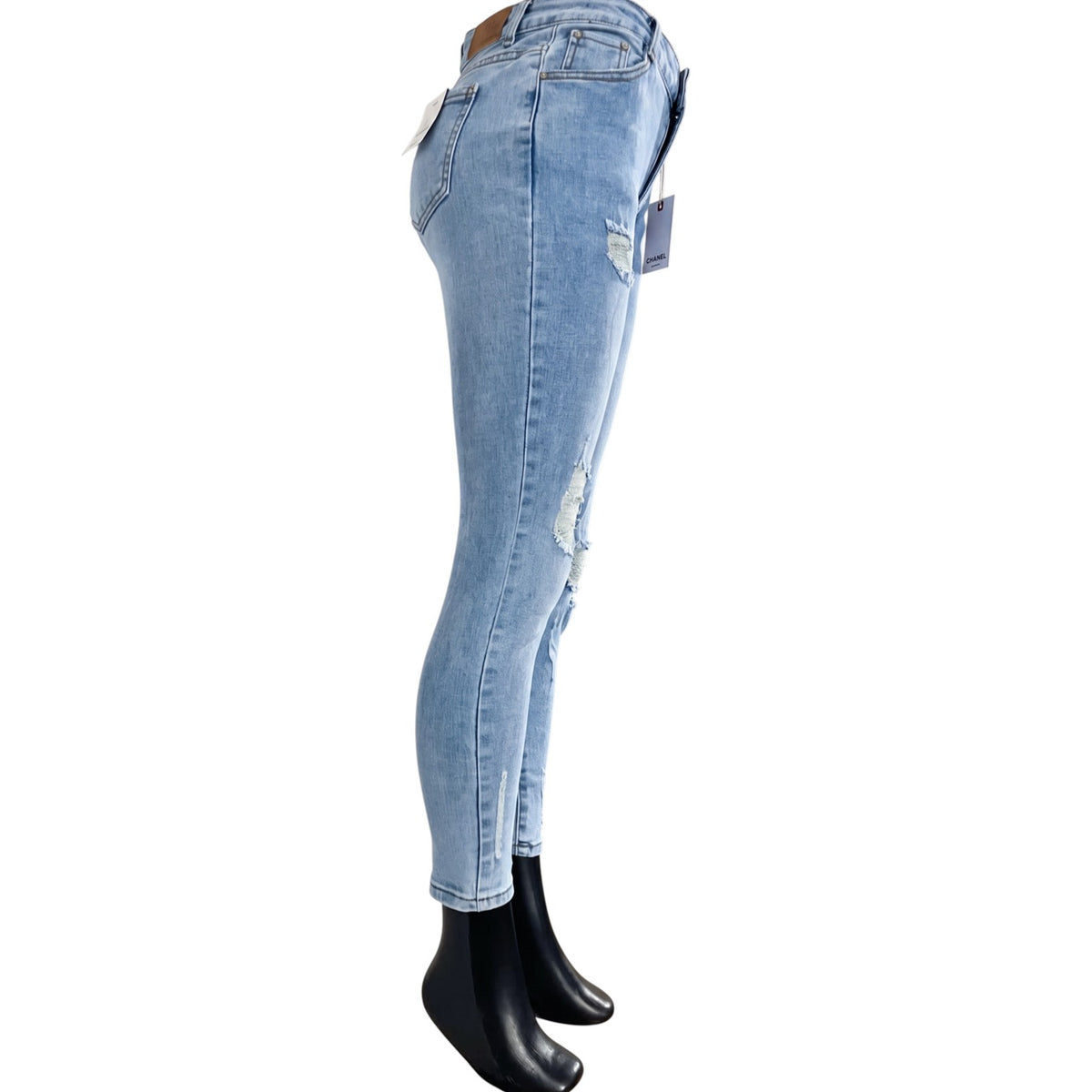 Pantalón entubado azul roto para mujer de mezclilla, con rasgado lateral, de la marca My Store 2.