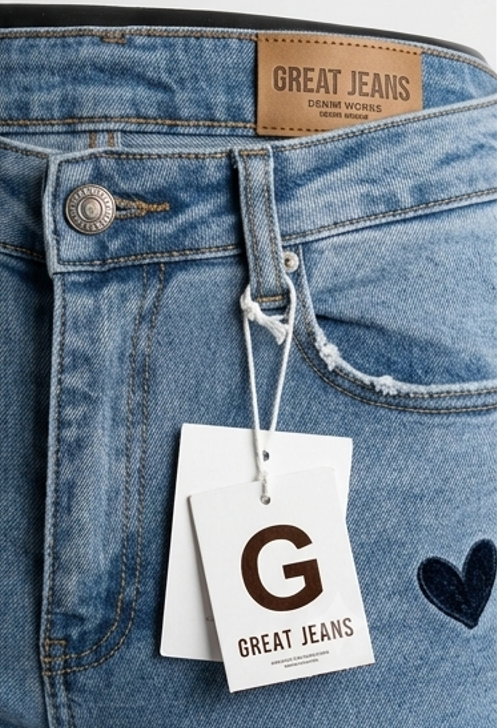 Detalle de pantalón entubado azul con corazones de colores, pantalones de mezclilla para mujer de la marca My Store 2.