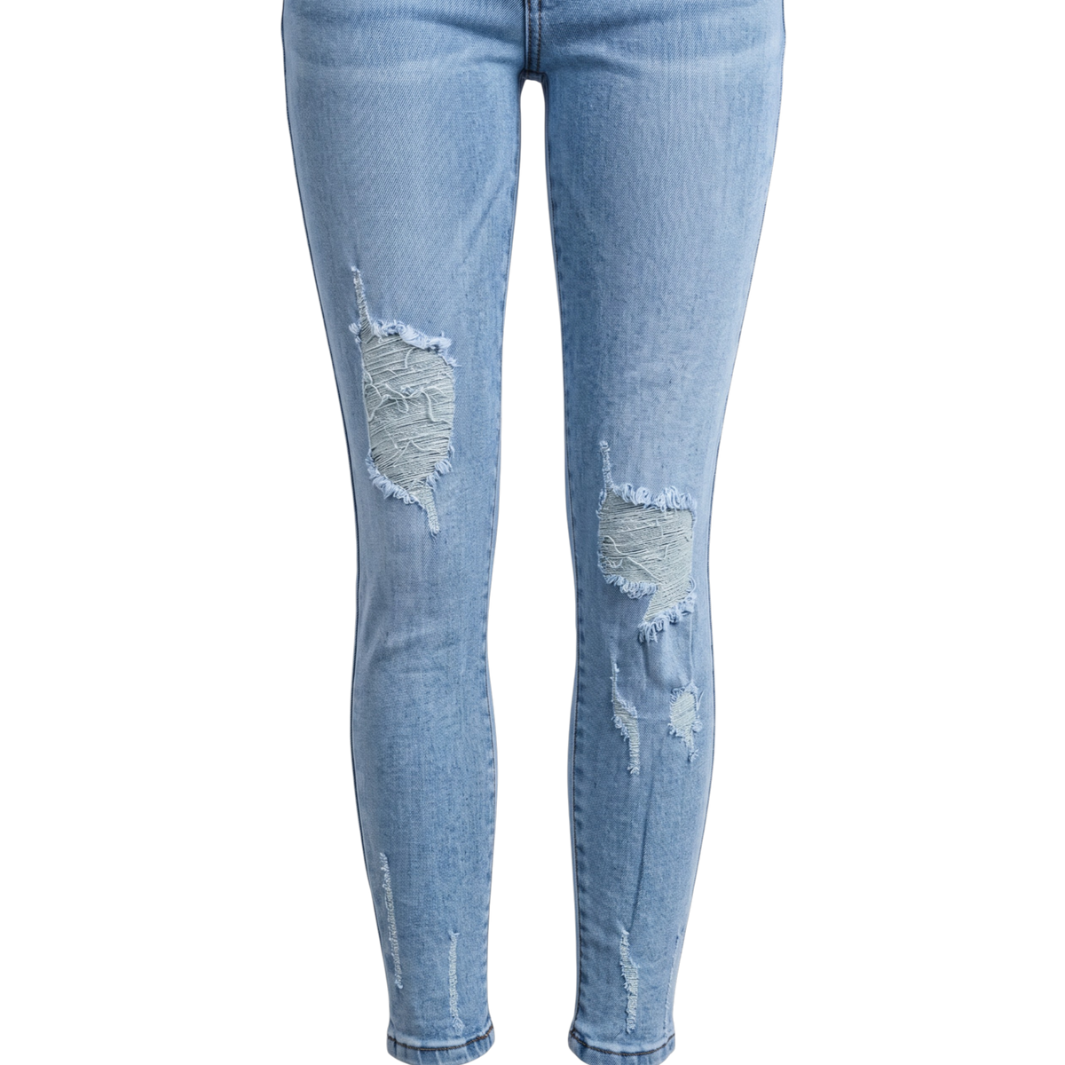 Pantalón entubado azul roto de mezclilla para mujer, diseño ajustado y estilo desgastado, de la marca My Store 2.