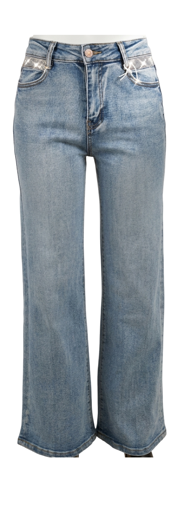 Pantalones de mezclilla mujer holgados con brillos y bolsillos, estilo casual de la marca My Store 2, en color azul.