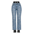 Pantalón holgado de mezclilla para mujer con estampado de flores tejidas y detalles de brillos, de la marca My Store 2.