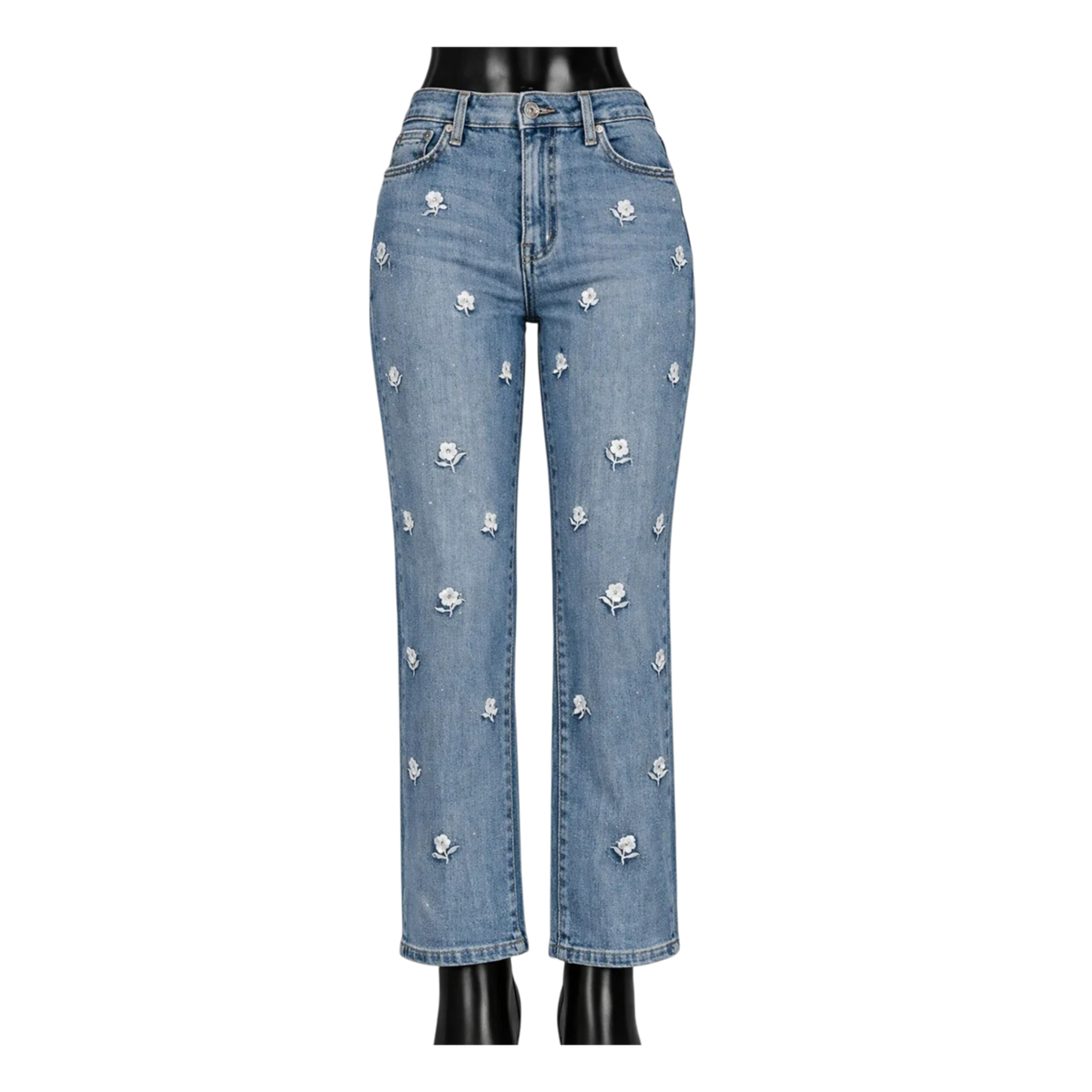 Pantalón holgado de mezclilla para mujer con estampado de flores tejidas y detalles de brillos, de la marca My Store 2.